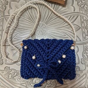 Bonita Bolso Handmade Navy Knit Pearl-Accent Crossbody cellphone purse by Yvonne